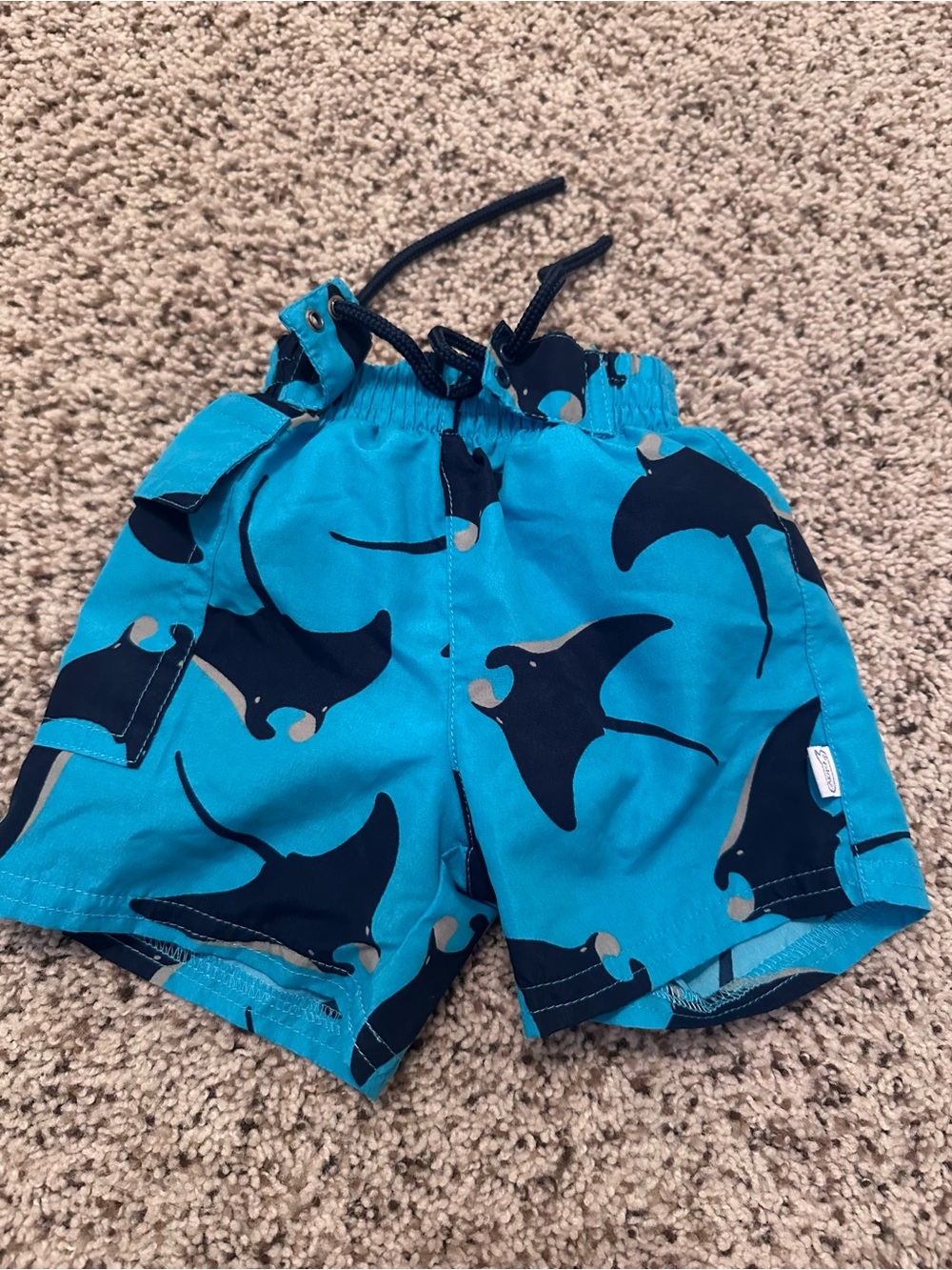 Kids Swim Trunks with Manta Ray Print - Teal & Navy built in swim diaper 6 mo